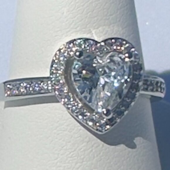 Silver Heart Cut Stone Ring with Pave Detailing Adjustable - Picture 8 of 14